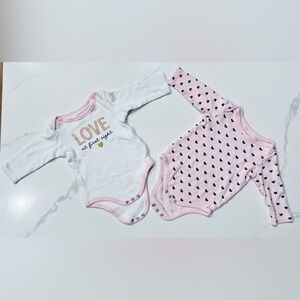 Pink and White Heart Print Baby Bodysuit Set